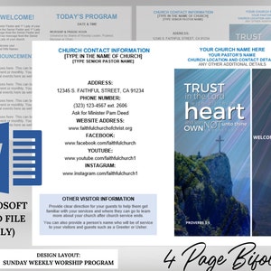 MICROSOFT Editable General Church Worship Bulletin Template | 4 Pages | Bifolds to 8.5x5.5 Size | Prints to 8.5x11 | MS Word Download