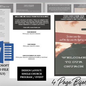 MICROSOFT Editable Church Service Bulletin Template | 4 Pages | Bifolds to 8.5x5.5 Size | Prints to 8.5x11 | Design: Single Service