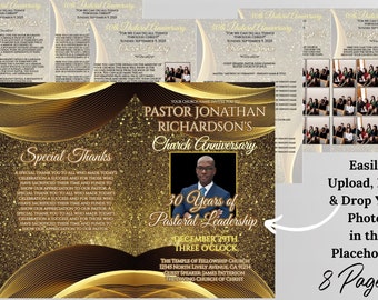 Pastor and Wife Church Anniversary Program Booklet Template | Editable in Corjl | Golden Gold Design | Size: 8.5x11 Folded-8.5x5.5 | 8 pages