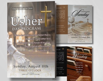 Church Usher Anniversary Day Program | 11x8.5 US Letter Bulletin | Canva Template Design | Editable Printable