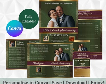 Church Anniversary Program | Bundle Set of 3+ | Burgundy Green Gold | Bifold - 11x8.5, Flyers - 8.5x11, Ticket - 3x7 | Pastoral Appreciation