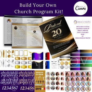 May include: A digital kit for creating church programs. The kit includes a variety of design elements, such as borders, frames, fonts, and graphics. The kit also includes a template for a church program with the text "Build Your Own Church Program Kit!" and "Pastoral Anniversary 20 Years!"  The kit is made by Drea's Trove.