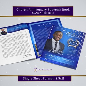 May include: A blue and silver church anniversary souvenir book template with a photo of a man in a suit and a wreath with the text "Church Anniversary 100 Years". The book is designed for a single sheet format, 8.5x11 inches.