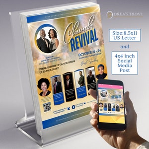 May include: A flyer advertising a church revival, featuring a gold and blue colour scheme. The flyer includes a picture of a couple and the text "Church Revival" in a large, bold font. The flyer also includes the dates and times of the revival, as well as the names of the guest speakers. The flyer is designed to be printed and distributed to promote the event.