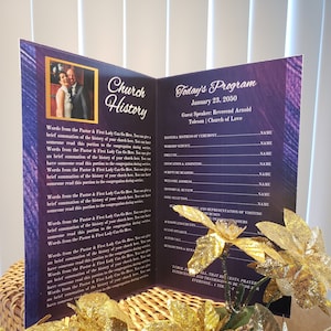 CANVA Church Anniversary Program Template | Purple & Gold | Size: 11x8.5 - 4 page / 1 sheet | Editable Design in Canva