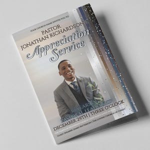 CORJL Pastor&#39;s Church Appreciation Program Template | Editable Pages in Corjl | Mirrored View Design | Size: 8.5x11 Folded-8.5x5.5 | 4 pages