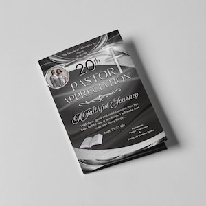 May include: A black and white image of a church program for a 20th Pastor Appreciation event. The program features a silver cross, a photo of a pastor and his wife, and the text "A Faithful Journey" with a Bible verse from Matthew 25:23 KJV.