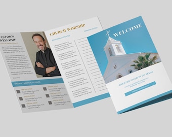 May include: A tri-fold church bulletin with a blue and white color scheme. The front cover features a white church with a cross on top against a blue sky. The text "Welcome" is in large white letters. The back cover features a photo of a pastor in a black robe. The text "Pastor's Welcome" is in gold letters. The text "Greater Church of Jesus" is in blue letters. The text "Church Quarterly/Monthly Worship Bulletin" is in smaller blue letters. The text "Spring Season 2021" is in a blue button.