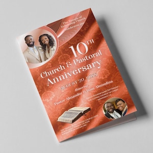 May include: A folded church anniversary program in shades of copper and orange with a floral pattern. It features the text 10th Church & Pastoral Anniversary, August 20, 20XX, photos of a couple, an open Bible, and event details for The Temple of Fellowship Church.