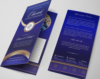 CANVA Blue Gold Pastor Appreciation Church Program | Size: 11x8.5 | Trifold Bulletin Brochure Design |Editable Download | Blue Gold Template