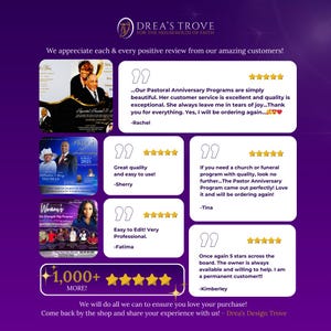 May include: Purple graphic with customer reviews for Drea's Trove. The image includes text, star ratings, and testimonials about the quality and service. The logo is at the top, and the bottom text encourages customers to share their experiences.