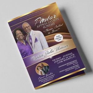 CORJL Pastor Appreciation Program | Family Day Program | Editable Church Service Template |Purple Gold Pastors Appreciation Brochure 8.5x5.5