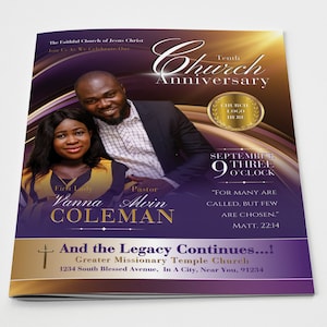 CANVA Church Anniversary Program | Canva Template | Great Purple & Golden Brown | Size: 11x17 / Folds to 8.5.x11 | 8 pg Booklet | V400