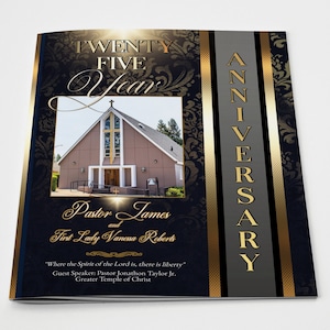 May include: A commemorative booklet with a church photo, celebrating a twenty-five year anniversary. The cover features gold text and accents on a dark blue background. The text includes "Twenty Five Year", "Anniversary", and names.