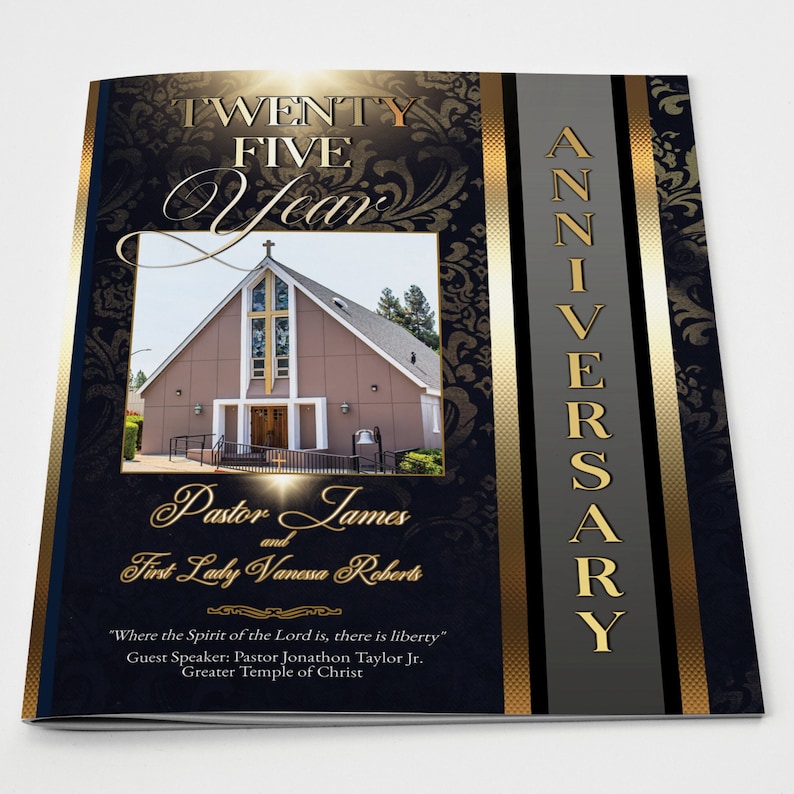 May include: A commemorative booklet with a church photo, celebrating a twenty-five year anniversary. The cover features gold text and accents on a dark blue background. The text includes "Twenty Five Year", "Anniversary", and names.