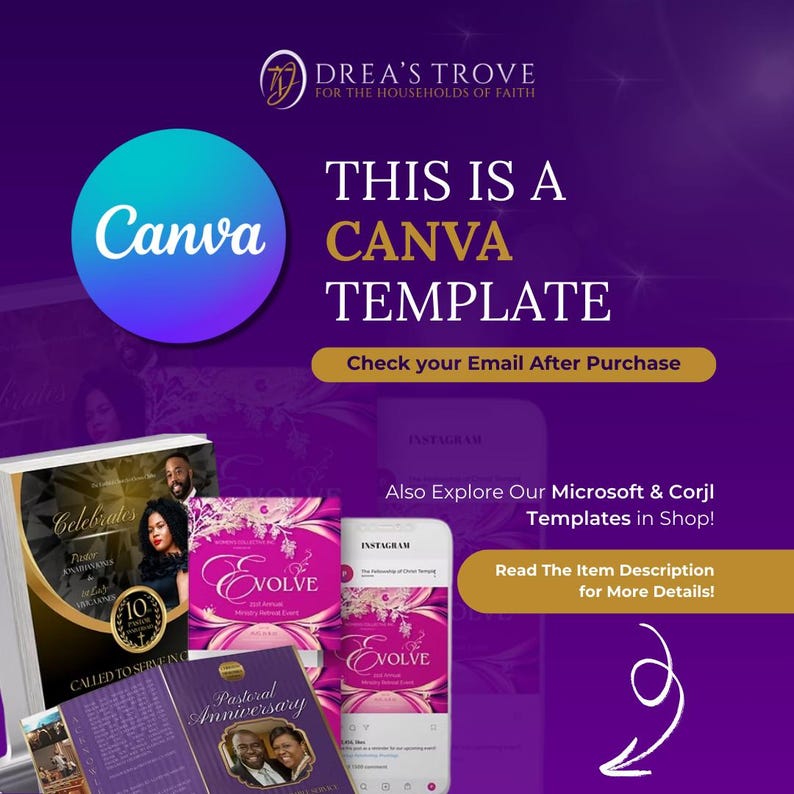 May include: A Canva template for a church event. The template features a pink and purple colour scheme with a floral design. The text "Evolve" is featured on the template. The text "This is a Canva Template" is featured at the top of the image.
