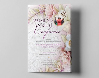 May include: A floral-themed invitation to a Women's Annual Conference. The invitation features a pink and white floral design with a photo of three women in the center. The text on the invitation reads "Welcome to Our Women's Annual Conference" and "Theme: 'Called to Do Great Things in Christ.'" The invitation also includes the date, time, and location of the conference.