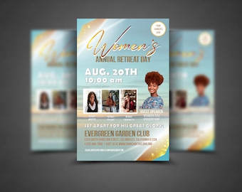 May include: A flyer for a Women's Annual Retreat Day on August 20th at 10:00 am. The flyer features a photo of a woman with an afro and a blue and white patterned shirt. The flyer also includes the text "Jet Apart for His Great Glory!" and the location of the event, Evergreen Garden Club, 1234 South Christian Street, Los Angeles, California 91234.