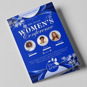 May include: A blue and white flyer for a Women's Conference. The flyer features a blue background with white swirls and a white floral design. The text "20th Annual Women's Conference" is in a large, white font. The date "25th April" is also in white font. There are three photos of women on the flyer, each with the word "Minister" below their photo.