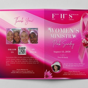 May include: Pink and white flyer with a pink ribbon and flowers. The text reads "Women's Ministry Pink Sunday August 13, 2050 Two O'clock".