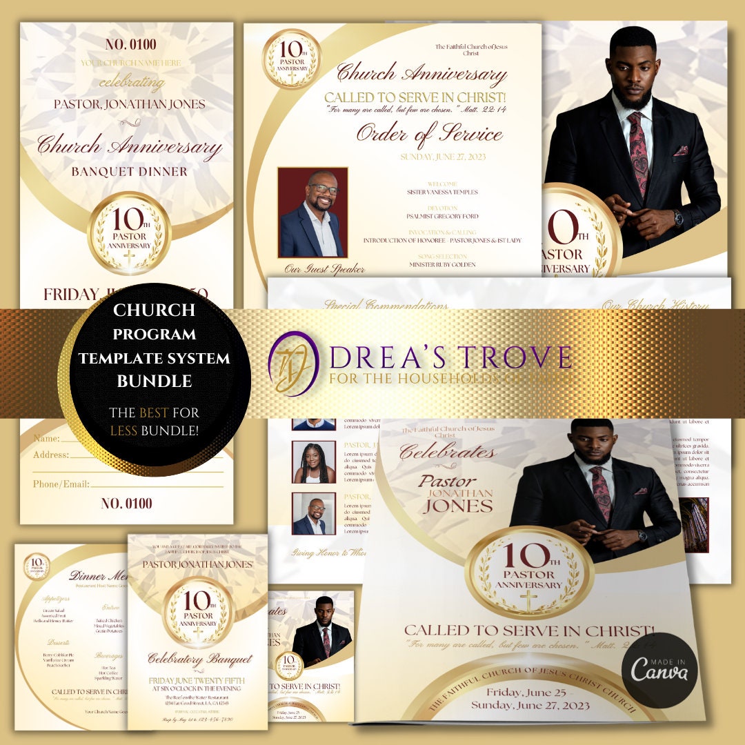 CANVA Church Anniversary Template Bundle | Cream & Gold | Program, Flyer, Banquet Gala Ticket, Social Media Post| Editable Color Guide