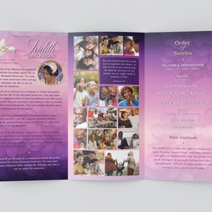 May include: A tri-fold funeral program with a purple and pink gradient background. The front cover features a white dove and the name "Judith Jackson". The inside pages include a collage of photos, a scripture passage, and an order of service.