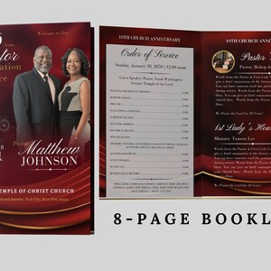 May include: A red and gold 8-page booklet for a church anniversary celebration. The cover features a photo of a pastor and his wife, with the text "Pastor Appreciation Service" and "September 21, Four O'Clock". The booklet includes an order of service, a pastor's desk section, and a first lady's heart section.