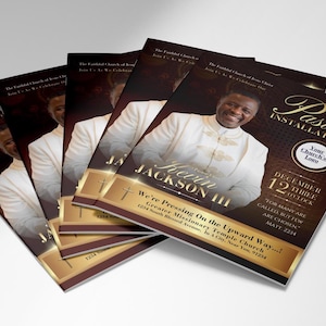 May include: A stack of flyers for a pastor installation event. The flyers feature a photo of a smiling man in a white suit. Gold and brown accents highlight the text, including the pastor's name, event details, and church logo.