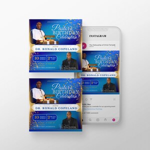 May include: A blue and gold flyer announcing a Pastor's Birthday Celebration. The flyer features a photo of the pastor, Dr. Ronald Copeland, and details the event: March 10th, 2 PM at Holy Angels of God of Christ Church, 1000 S. Figueroa Street, Los Angeles, CA.