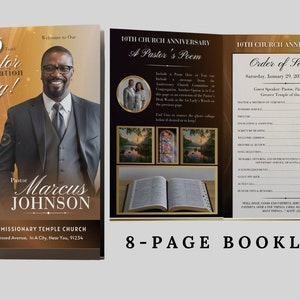 CANVA Church Anniversary Program Template | Editable Rich Brown Booklet | Pastor Service Program | Size: 11x8.5-Folds 8.5x5.5 | 8 Page