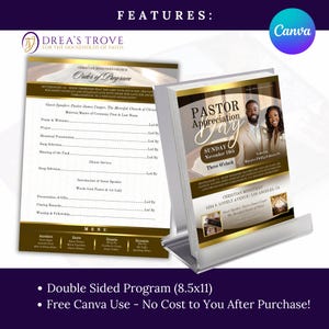 May include: A double-sided program for Pastor Appreciation Day, featuring a gold and white design with the text "Pastor Appreciation Day" and the date. The program includes an order of service and a menu. The program is 8.5x11 inches.