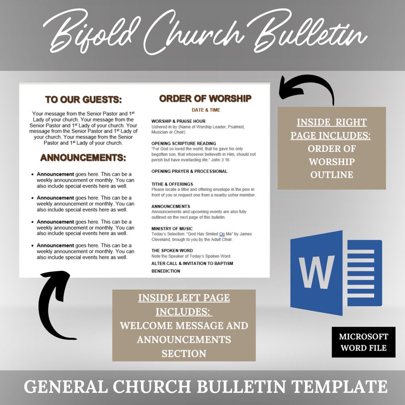 Editable Church Bulletin Template 4 Pages microsoft Word Etsy