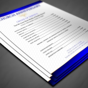 May include: A white sheet of paper with a blue border and gold trim. The paper has a list of items for a church anniversary service, including "Master & Minister", "Invocation & Adoring", "Scripture Reading", "Welcome Address", "Historical Review", "Song Selection", "Remarks, Offering and Representation of Visiting Church", "Acknowledgements", "Guest Speaker", "Alter Call", "Benediction & Remarks", "Your Church Name", "Your Church Address", and "Your Church Phone or Email.org".