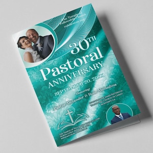 May include: A teal and white invitation card with a floral design. The card announces a 30th Pastoral Anniversary celebration for Pastor Alexander & Rose Alemedina on September 20, 20XX. The Temple of Fellowship Church is hosting the event.