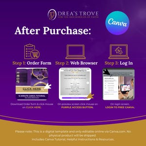 May include: A purple and gold graphic with the text "Drea's Trove" and "For the Households of Faith". The graphic also includes the text "After Purchase:" and outlines three steps to access a digital template: 1. Order Form, 2. Web Browser, and 3. Log In. The graphic includes images of a checklist, a web browser, and a computer screen.