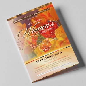 Peut inclure: Une affiche pour un programme de retraite pour femmes à l'Église Internationale de Toute Louange. L'affiche présente un motif floral avec le texte "Prêt à prospérer 2025 !" et la date "10 septembre, midi".