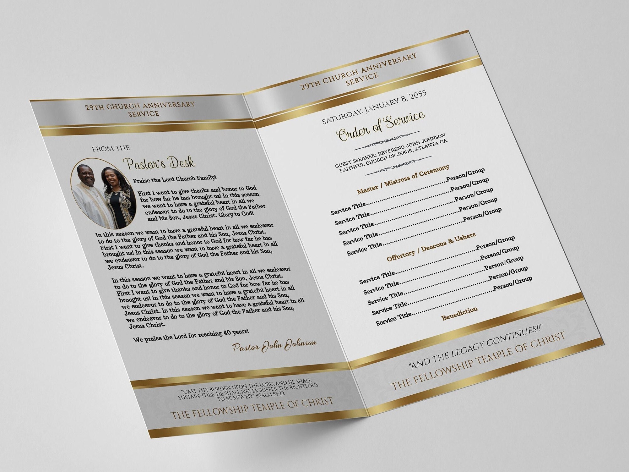 Satin White Gold Church Anniversary Program Template (11x8.5) - Etsy