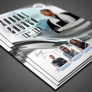 May include: A stack of white flyers with a silver and blue design, promoting an annual church conference. The flyers feature the text "Annual Church Conference" and include images of speakers and a QR code.