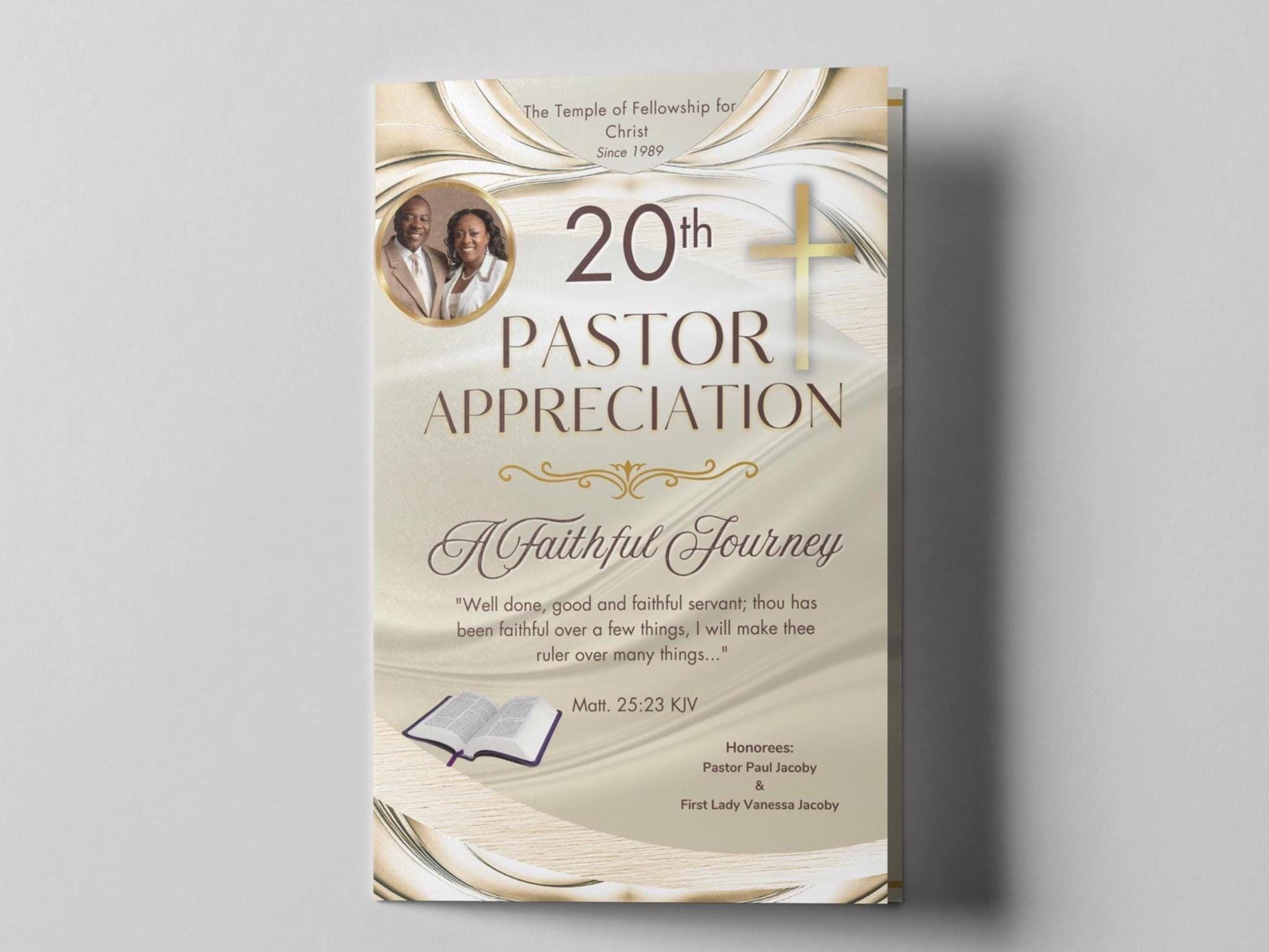Pastor Appreciation Program | Editable Canva Template | Gold Church Anniversary or Banquet Bifold Program | Size: 11x8.5 | Editable Colors