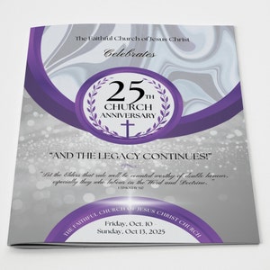 CANVA Church Anniversary Program | Template | Silver White & Purple | Size: 11x17 / Folds to 8.5.x11 | 8 page Booklet | Editable Color Guide