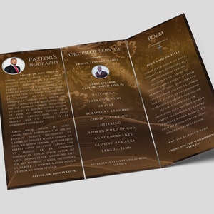 May include: A tri-fold funeral programme with a brown background and gold accents. The programme includes the order of service, a biography of the pastor, and a poem. The text is in a traditional font and includes the date and time of the service.