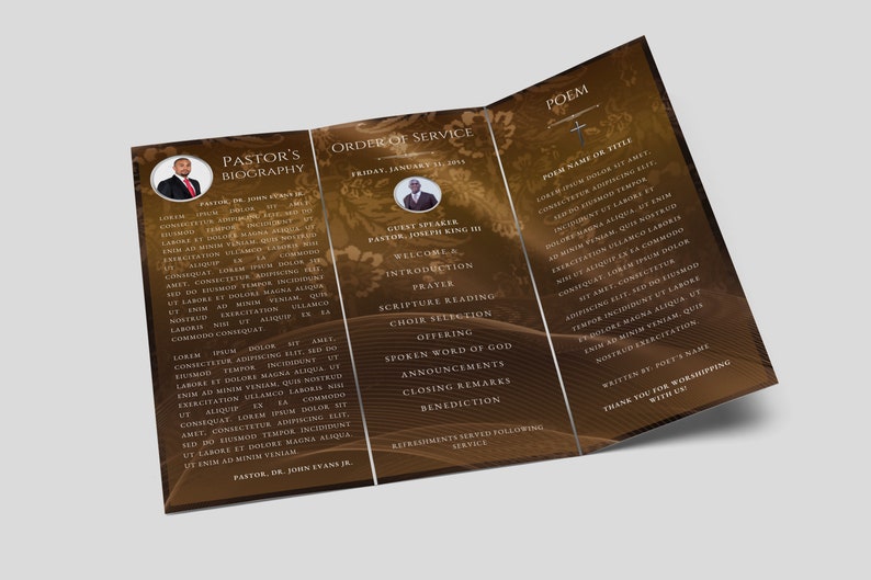 May include: A tri-fold funeral programme with a brown background and gold accents. The programme includes the order of service, a biography of the pastor, and a poem. The text is in a traditional font and includes the date and time of the service.