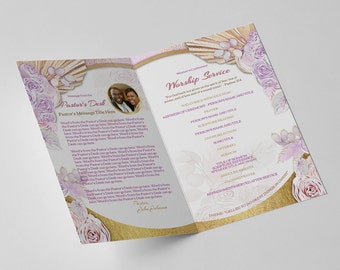 Floral Church Program Template | Women's Day, Pink & Gold (Editable, Print Sizes)