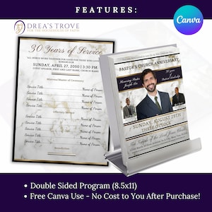 May include: A double-sided program for a church anniversary. The front side features a marble background with gold accents and the text "30 Years of Service". The back side features a marble background with gold accents and the text "Pastor's Church Anniversary".
