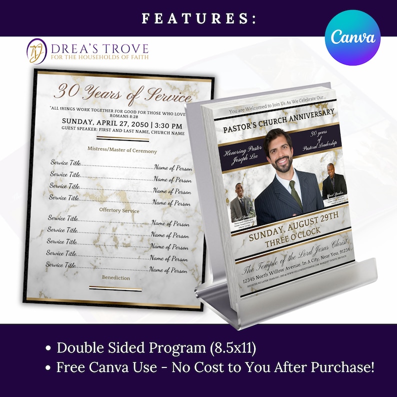 May include: A double-sided program for a church anniversary. The front side features a marble background with gold accents and the text "30 Years of Service". The back side features a marble background with gold accents and the text "Pastor's Church Anniversary".