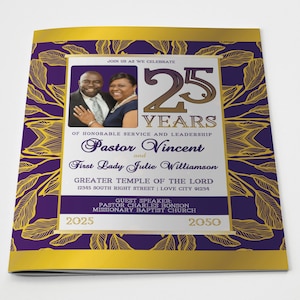 CORJL Church / Pastoral Anniversary Program Template | Fully Editable in Corjl | Royal Purple & Gold | Size: 11X17-Folded-8.5x11 | 8 pages