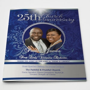 CORJL Pastor Anniversary Program Template | Editable in Corjl | Vintage Royal Navy Blue White Silver | 2 Sizes: 11x17 & 11x8.5 | 8 pages