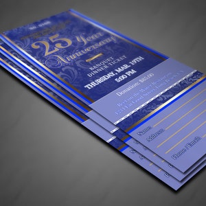 Church Anniversary Gala Banquet Ticket Template - Vintage Blue and Gold | Editable in Corjl | 3x7 inch