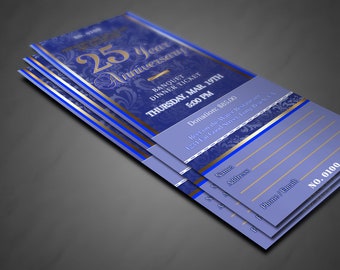 Church Anniversary Gala Banquet Ticket Template - Vintage Blue and Gold | Editable in Corjl | 3x7 inch