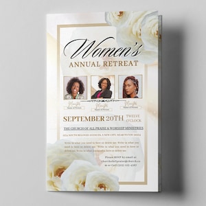 Könnte beinhalten: Ein Flyer für einen jährlichen Frauen-Rückzug in der Kirche The Church of All Praise & Worship Ministries. Der Flyer zeigt ein weißes Blumenmuster mit drei Fotos von Frauen. Die Veranstaltung findet am 20. September um 12:00 Uhr statt. Die Adresse lautet 1234 South Beloved Avenues, A New City, Near To You 91234.